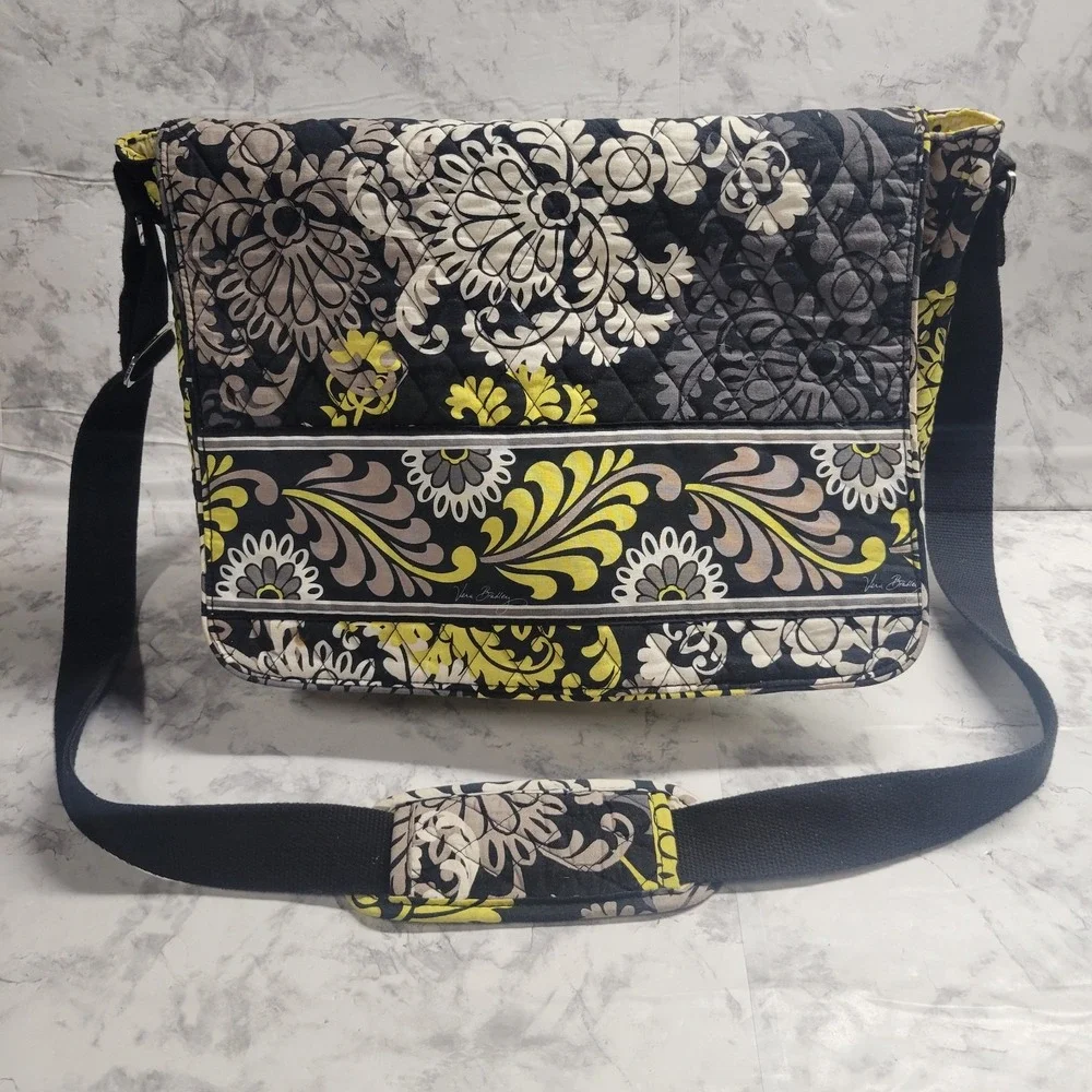 Vera Bradley Messenger Bag Provencal Quilted Cotton Floral Black Yellow Citron